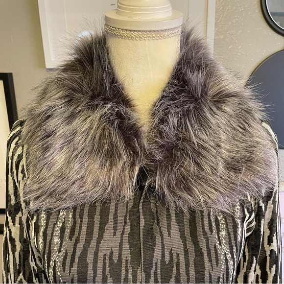 Ming Wang Gray Animal Printed Fur Collar Knit Jacket XS - Picture 7 of 11